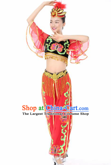 Chinese Uigurian Dance Red Clothing Traditional Uyghur Nationality Stage Performance Costume for Women