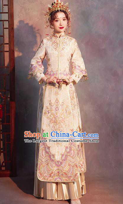 Chinese Traditional Embroidered Drilling Champagne Xiuhe Suits Wedding Dress Ancient Bride Costume for Women