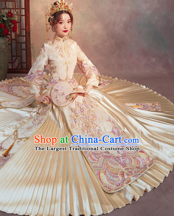 Chinese Traditional Embroidered Drilling Champagne Xiuhe Suits Wedding Dress Ancient Bride Costume for Women