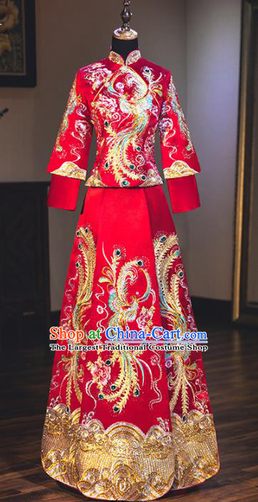 Chinese Traditional Bride Embroidered Phoenix Peony Xiuhe Suits Red Wedding Dress Ancient Costume for Women