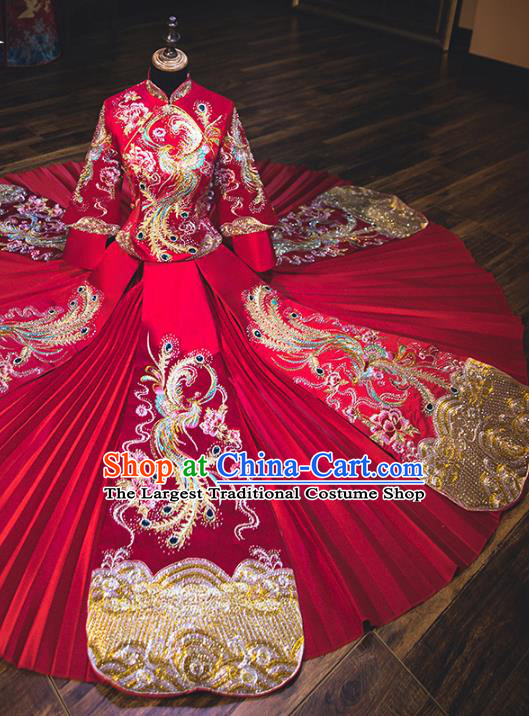 Chinese Traditional Bride Embroidered Phoenix Peony Xiuhe Suits Red Wedding Dress Ancient Costume for Women