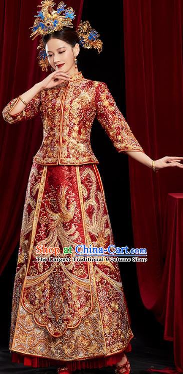 Chinese Traditional Embroidered Phoenix Red Xiuhe Suits Wedding Dress Ancient Bride Costume for Women