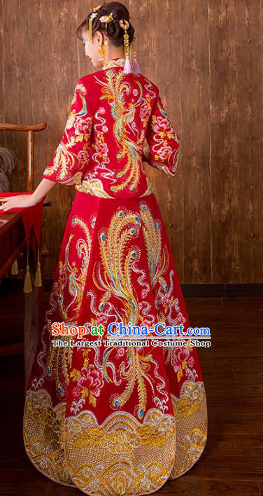 Chinese Traditional Bride Embroidered Phoenix Xiuhe Suits Red Wedding Dress Ancient Costume for Women