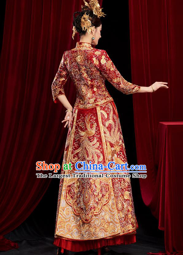 Chinese Traditional Embroidered Phoenix Red Xiuhe Suits Wedding Dress Ancient Bride Costume for Women