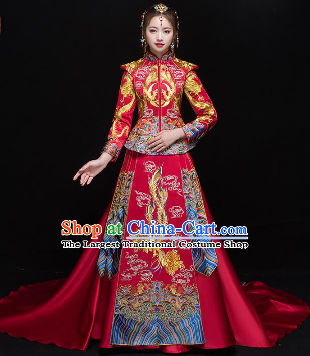 Chinese Traditional Wedding Embroidered Trailing Xiuhe Suits Red Bride Dress Ancient Costume for Women