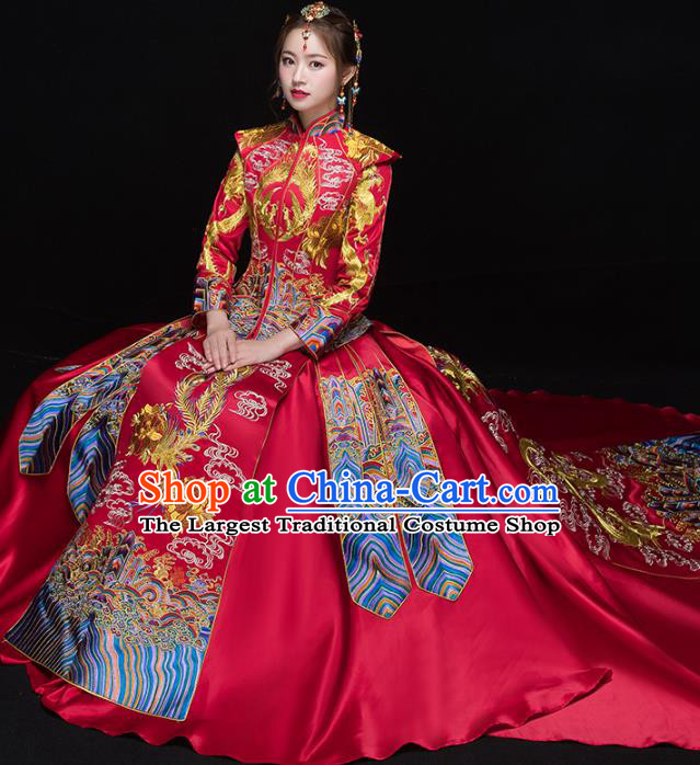 Chinese Traditional Wedding Embroidered Trailing Xiuhe Suits Red Bride Dress Ancient Costume for Women