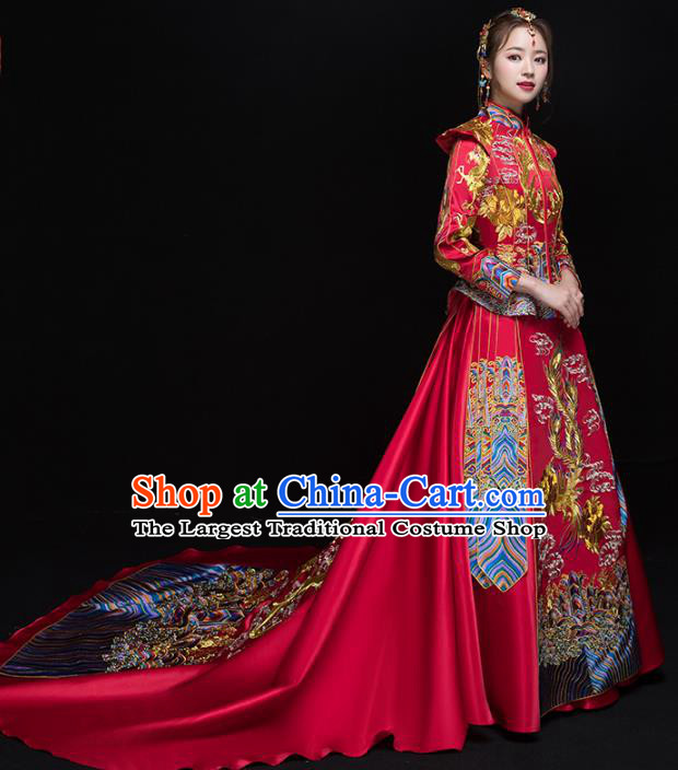 Chinese Traditional Wedding Embroidered Trailing Xiuhe Suits Red Bride Dress Ancient Costume for Women
