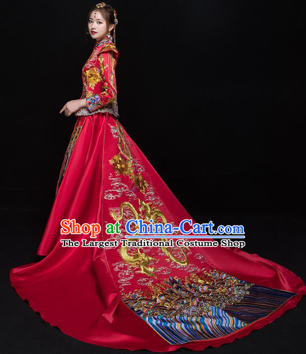 Chinese Traditional Wedding Embroidered Trailing Xiuhe Suits Red Bride Dress Ancient Costume for Women