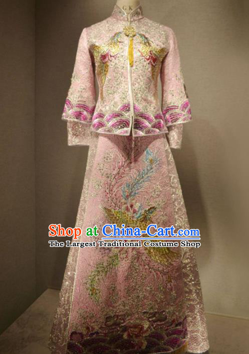 Chinese Traditional Wedding Embroidered Pink Diamante Xiuhe Suits Bride Dress Ancient Costume for Women