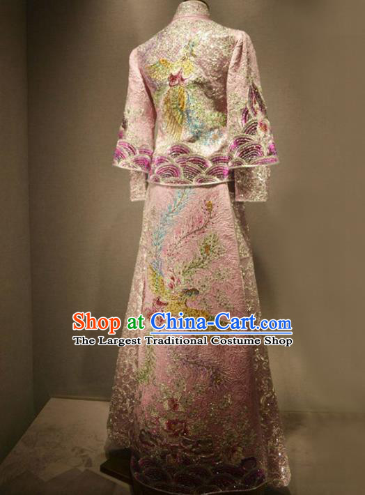 Chinese Traditional Wedding Embroidered Pink Diamante Xiuhe Suits Bride Dress Ancient Costume for Women
