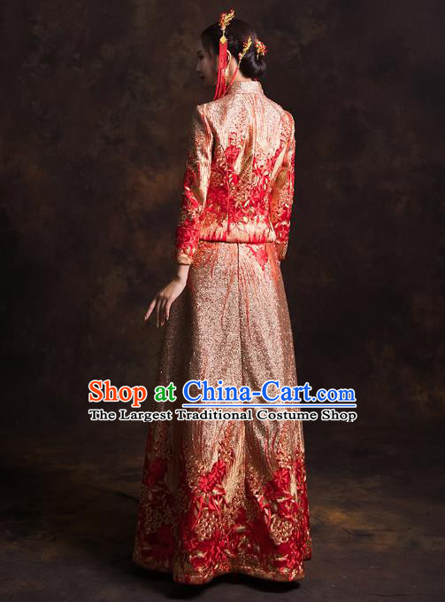 Chinese Traditional Embroidered Red Diamante Xiuhe Suits Wedding Bride Dress Ancient Costume for Women