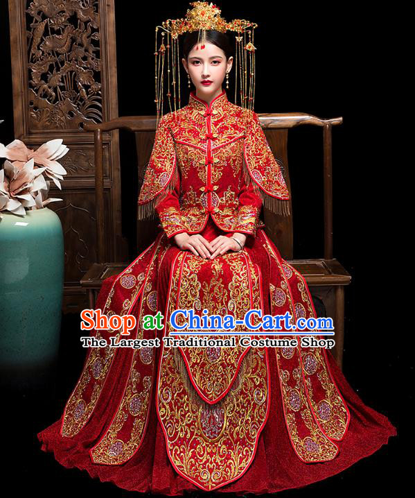 Chinese Embroidered Red Xiuhe Suits Traditional Wedding Bride Dress Ancient Costume for Women