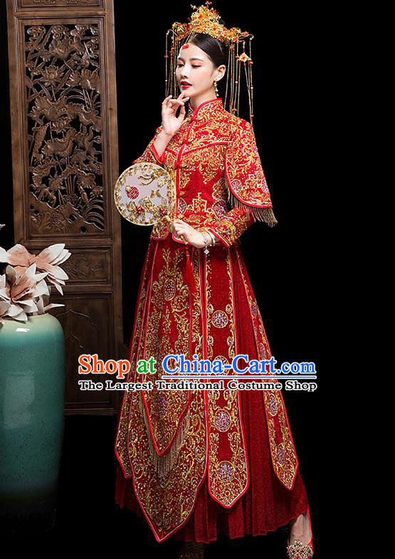 Chinese Embroidered Red Xiuhe Suits Traditional Wedding Bride Dress Ancient Costume for Women