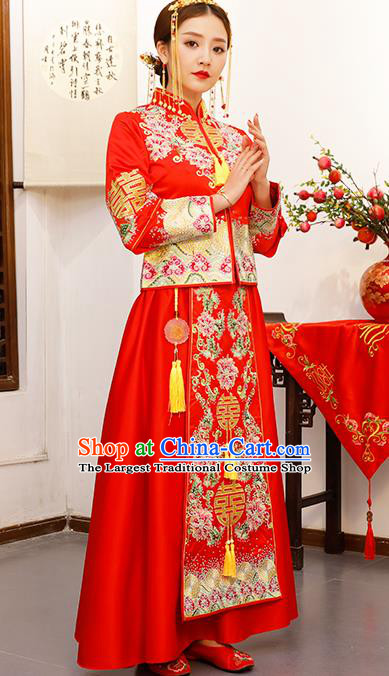 Chinese Embroidered Peony Longfeng Flown Wedding Xiuhe Suits Traditional Bride Dress Ancient Costume for Women