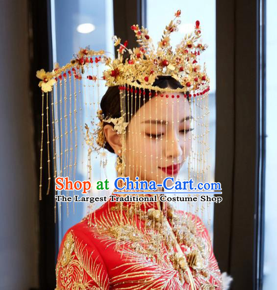 Chinese Traditional Wedding Golden Phoenix Coronet Tassel Hairpins Hair Accessories for Women