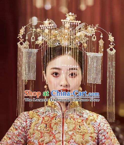 Chinese Traditional Wedding Bride Golden Phoenix Coronet Tassel Hairpins Hair Accessories for Women