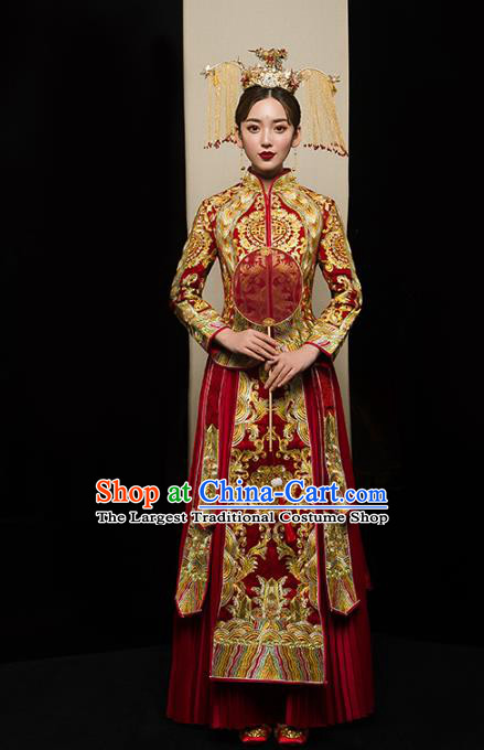 Chinese Traditional Golden Embroidered Xiuhe Suits Wedding Dress Ancient Bride Costume for Women