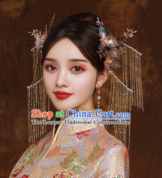Chinese Traditional Wedding Bride Golden Hair Claws and Tassel Hairpins Hair Accessories for Women