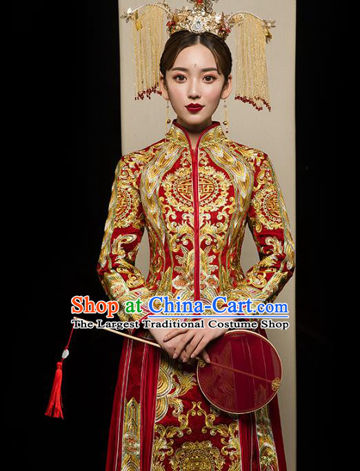 Chinese Traditional Golden Embroidered Xiuhe Suits Wedding Dress Ancient Bride Costume for Women