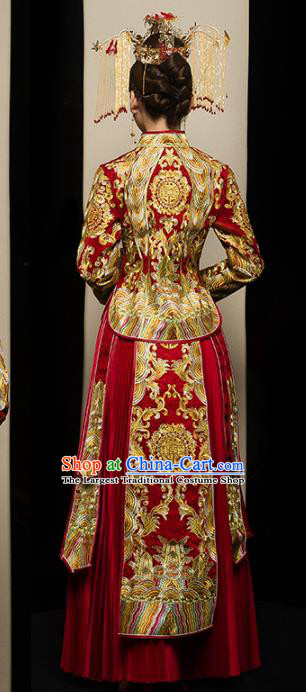 Chinese Traditional Golden Embroidered Xiuhe Suits Wedding Dress Ancient Bride Costume for Women