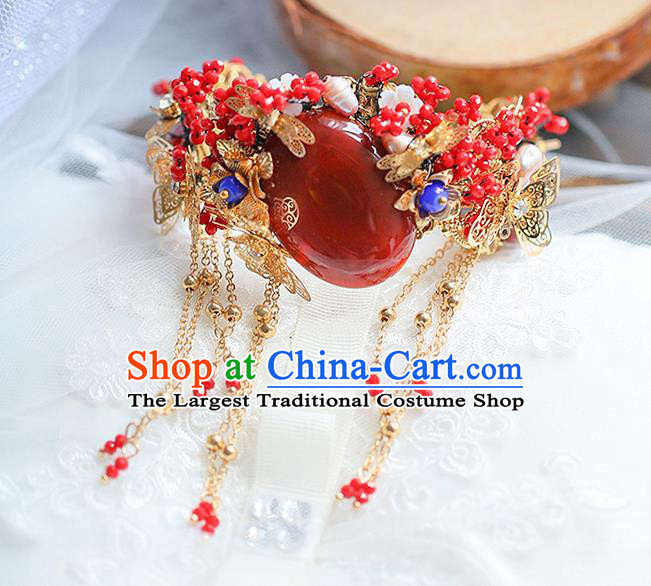 Chinese Traditional Hanfu Red Gem Tassel Hairpins Ancient Hair Accessories for Women