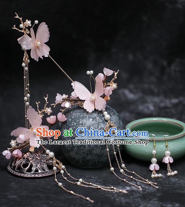 Chinese Traditional Hanfu Pink Silk Butterfly Hairpins and Hair Claws Hair Accessories Complete Set for Women