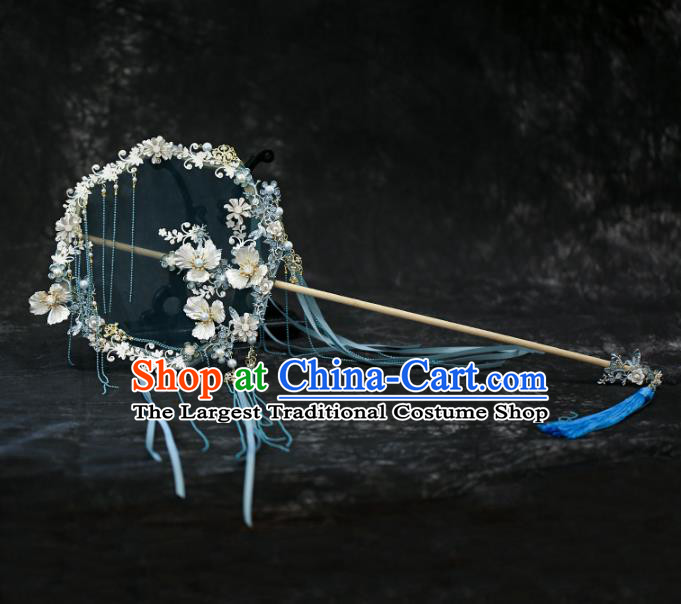 Chinese Traditional Blue Ribbon Palace Fans Handmade Classical Hanfu Wedding Silk Round Fan for Women