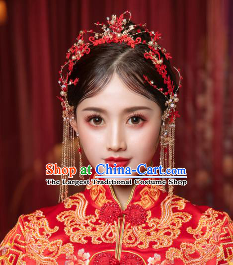 Chinese Traditional Hanfu Red Glass Hairpins and Hair Claws Hair Accessories Complete Set for Women