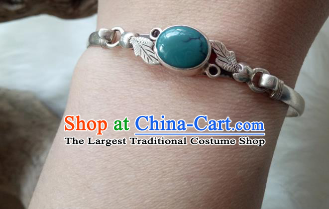 Chinese Zang Nationality  Silver Kallaite Bracelet Handmade Traditional Tibetan Ethnic Jewelry Accessories for Women