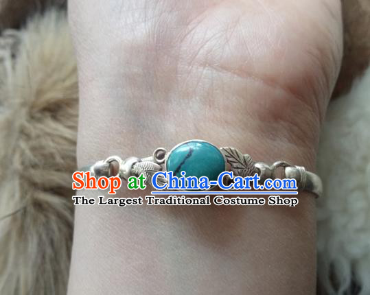 Chinese Zang Nationality Carving Silver Kallaite Bracelet Handmade Traditional Tibetan Ethnic Jewelry Accessories for Women