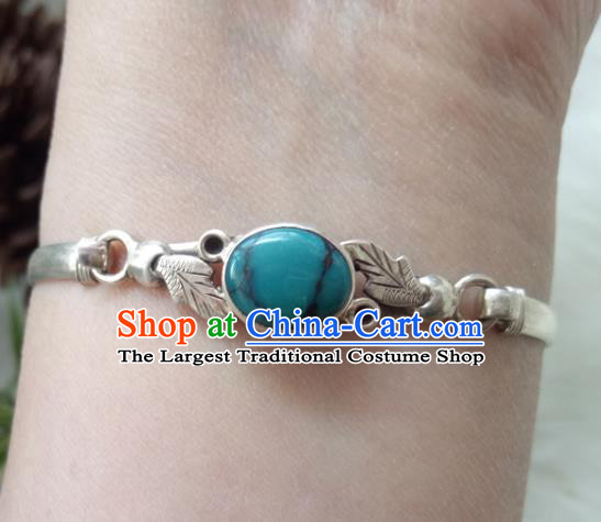 Chinese Zang Nationality Kallaite Carving Silver Leaf Bracelet Handmade Traditional Tibetan Ethnic Jewelry Accessories for Women