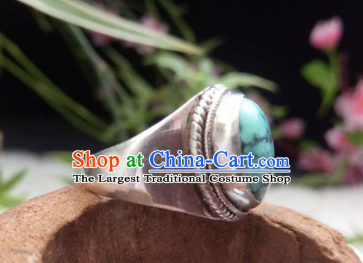 Chinese Zang Nationality Turquoise Rings Handmade Traditional Tibetan Ethnic Jewelry Accessories for Women