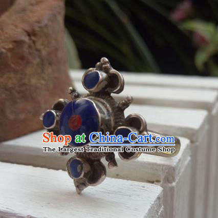 Chinese Zang Nationality Blue Stone Silver Rings Handmade Traditional Tibetan Ethnic Jewelry Accessories for Women