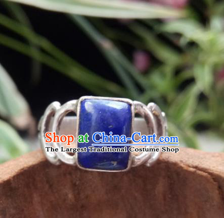 Chinese Zang Nationality Lapis Lazuli Silver Rings Handmade Traditional Tibetan Ethnic Jewelry Accessories for Women