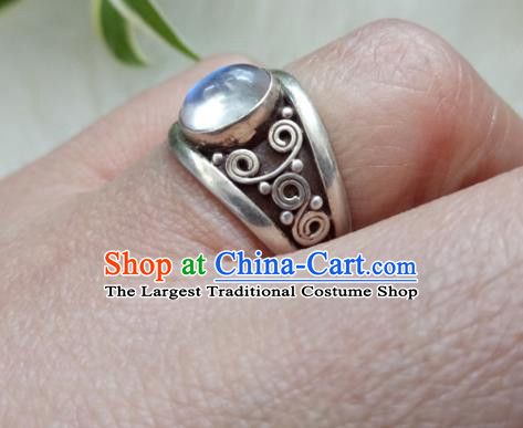 Chinese Zang Nationality Silver Moonstone Rings Handmade Traditional Tibetan Ethnic Jewelry Accessories for Women