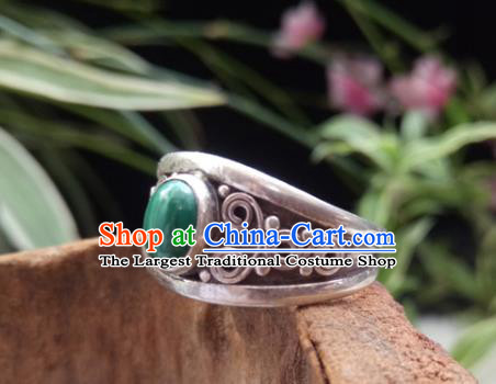 Chinese Zang Nationality Silver Malachite Rings Handmade Traditional Tibetan Ethnic Jewelry Accessories for Women