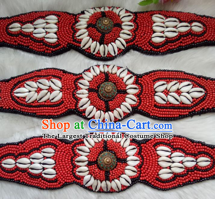 Chinese Zang Nationality Red Beads Shell Belts Handmade Traditional Tibetan Ethnic Waistband Accessories for Women