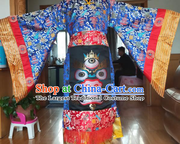 Chinese Zang Nationality Priest Royalblue Costumes Traditional Tibetan Ethnic Folk Dance Clothing Complete Set