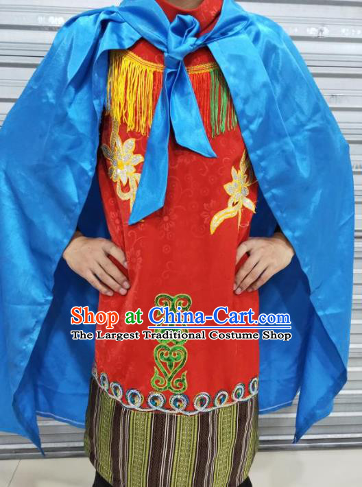 Chinese Zang Nationality Folk Dance Red Costumes Traditional Tibetan Ethnic Clothing for Men
