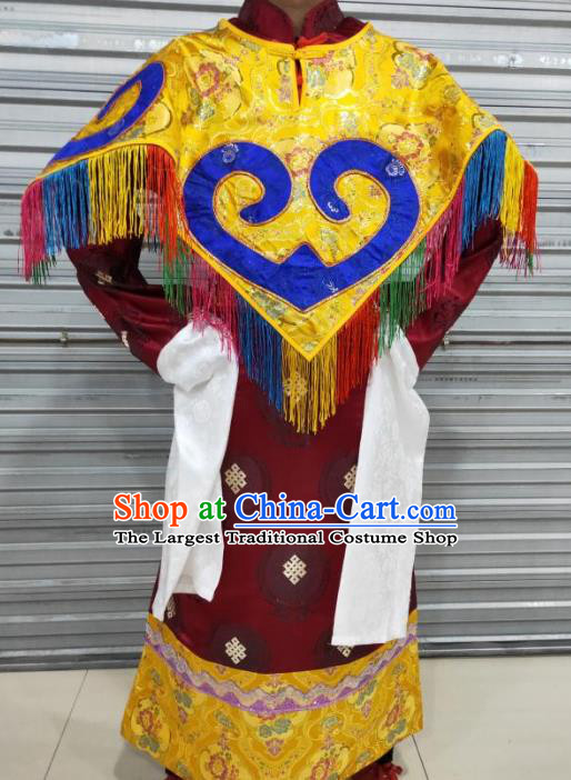 Chinese Zang Nationality Folk Dance Wine Red Costumes Traditional Tibetan Ethnic Robe for Men