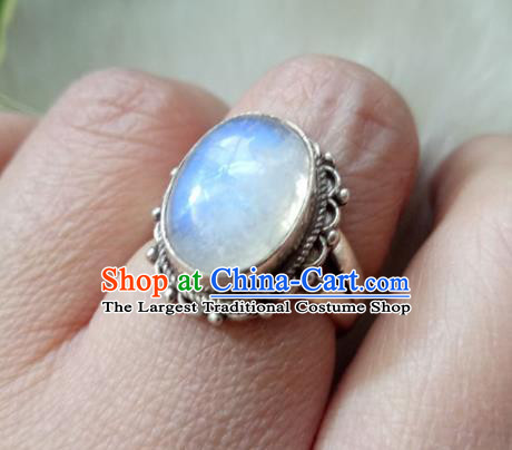 Chinese Zang Nationality Moonstone Silver Rings Handmade Traditional Tibetan Ethnic Jewelry Accessories for Women