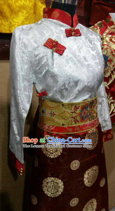 Chinese Zang Nationality Costume Traditional Tibetan Ethnic White Blouse for Women
