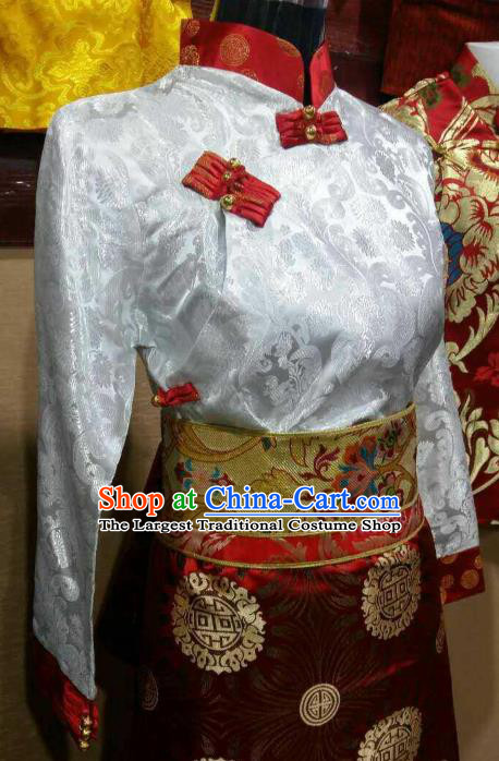 Chinese Zang Nationality Costume Traditional Tibetan Ethnic White Blouse for Women