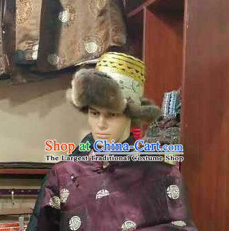 Handmade Chinese Zang Nationality Yellow Hat Traditional Tibetan Ethnic Hair Accessories for Men