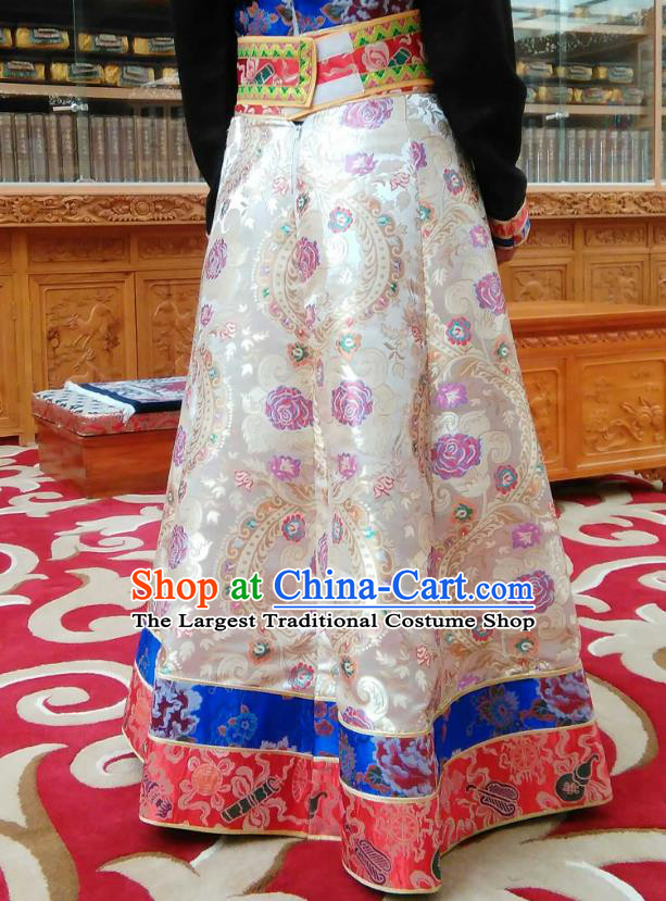 Chinese Zang Nationality Dance Costume Traditional Tibetan Ethnic White Brocade Skirt for Women