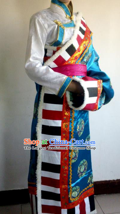 Chinese Zang Nationality Folk Dance Costume Blue Tibetan Robe Traditional Ethnic Dress for Women