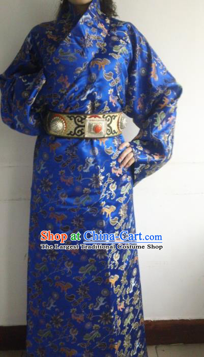 Chinese Zang Nationality Folk Dance Costume Royalblue Tibetan Robe Traditional Ethnic Dress for Women