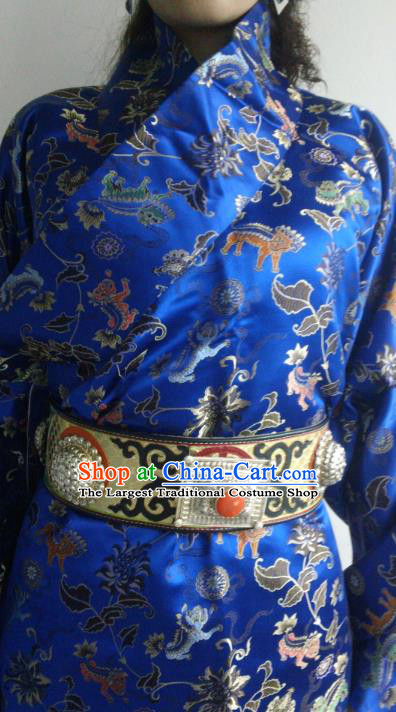 Chinese Zang Nationality Folk Dance Costume Royalblue Tibetan Robe Traditional Ethnic Dress for Women