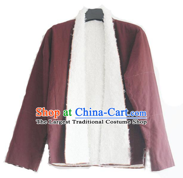 Chinese Tibetan Buddhism Lamb Wool Jacket Traditional Monk Upper Outer Garment for Men