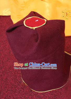 Handmade Chinese Tibetan Buddhism Wine Red Woolen Hat Traditional Zang Nationality Monk Hat for Men